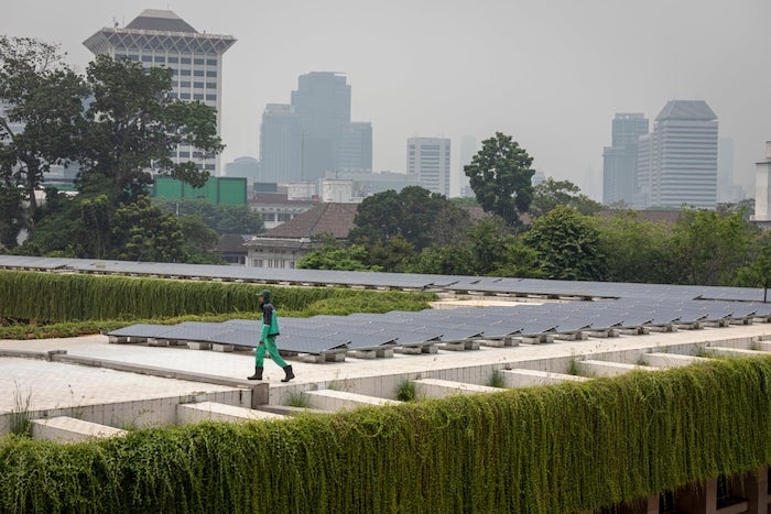 : A view of the solar panel system on the rooftop of Istiqlal Mosque area in Jakarta, Indonesia