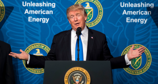 Photographed here on June 29, 2017, during his first presidency, Donald Trump delivers remarks at the Energy Department in Washington, D.C. 