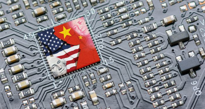 US and China flags on computer board 